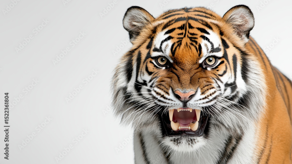 Fototapeta premium Fierce tiger with striking orange and black stripes, showcasing its powerful presence and sharp teeth, exuding sense of strength and intensity