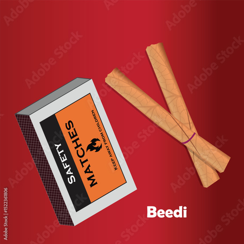 A digital illustration featuring two rolled beedis (traditional Indian hand-rolled cigarettes made from tendu leaves) tied with a pink thread, placed beside a classic safety matchbox. 