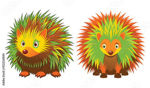 Photo of two vibrant hedgehogs, one in autumnal hues and the other in springlike greens, are isolated on white background