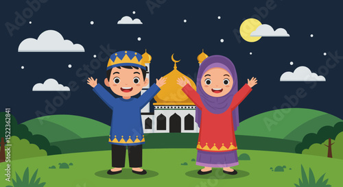 The image shows two joyful children, one wearing a cap and the other in a hijab, standing together with their arms raised in celebration. Behind them is a beautiful mosque with a golden dome, set agai
