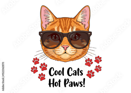Cool Cat with Sunglasses  Hot Paws!  Funny Orange Tabby Cat Illustration