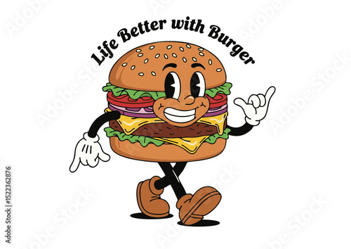 Life's Better with a Burger A Delightful Retro-Style Illustration of a Happy Burger Character