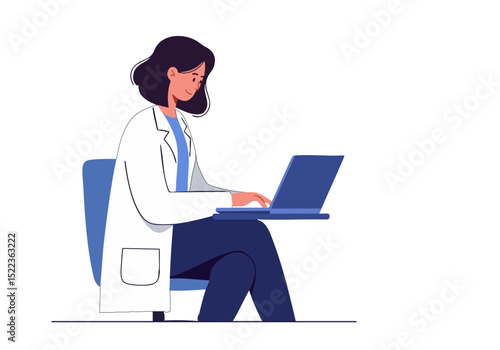 A female doctor reviews data on a laptop, surrounded by digital charts and graphs. Modern, professional, and visually engaging.