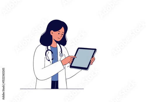 A female doctor reviews vital signs on a tablet, showcasing modern healthcare technology. Clean, professional, and visually appealing for digital marketing.