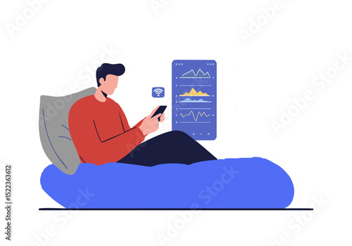 A man relaxes in bed, reviewing sleep data on his phone, with a comforting moon and pillow illustration. Illustrative, modern design.