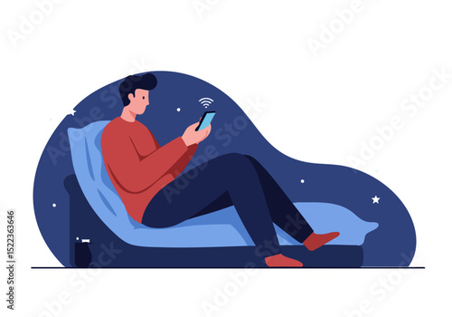 A man relaxes with a smartphone, monitoring stress levels under a starry night sky. A digital stress monitor graphic overlays the scene. Modern, calming, and visually appealing.