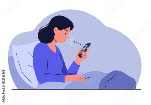 A young woman uses a breath monitor app while relaxing in bed. The image showcases a modern health tech solution with a soft, calming aesthetic. Focus on wellness and technology.