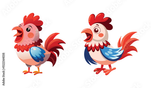 Photo of two vibrant cartoon roosters, one pink and one white with blue accents, crow cheerfully, isolated on white background