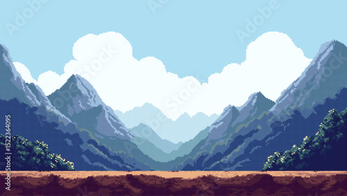 8-bit pixel art retro game level background. mountain range. blue sky. white clouds. vector graphics. video game design. pixelated. green vegetation. landscape in side view. 