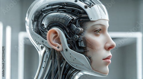 Hyperrealistic Portrait of a Cyborg Head: Metallic Details and Circuits