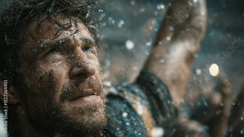 Intense Close-Up of a Mud-Covered Rugby Player Looking Upward During a Rainy Match, Depicting Determination, Grit, and Athleticism in Harsh Conditions