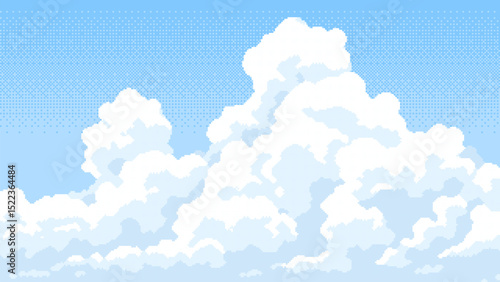 8-bit pixel art of white clouds in the sky. game level backdrop. 2D video game graphics. simple pixelated background. vector illustration. game assets. 