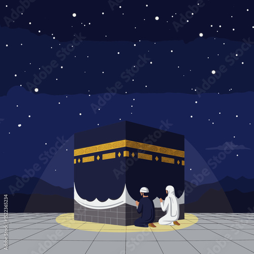 The image shows an artistic illustration of the Kaaba at sunset in Mecca, Saudi Arabia. In the foreground, a couple of pilgrims, dressed in simple white attire, are facing the Kaaba.