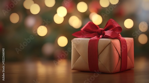 Wallpaper Mural A gift wrapped in brown paper with a red ribbon on a table with festive lights Torontodigital.ca