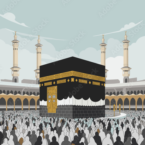 The black and gold cube-shaped structure stands amidst a crowd of pilgrims. It appears to be a simplified, artistic representation of a religious scene, likely intended to evoke the atmosphere of Hajj