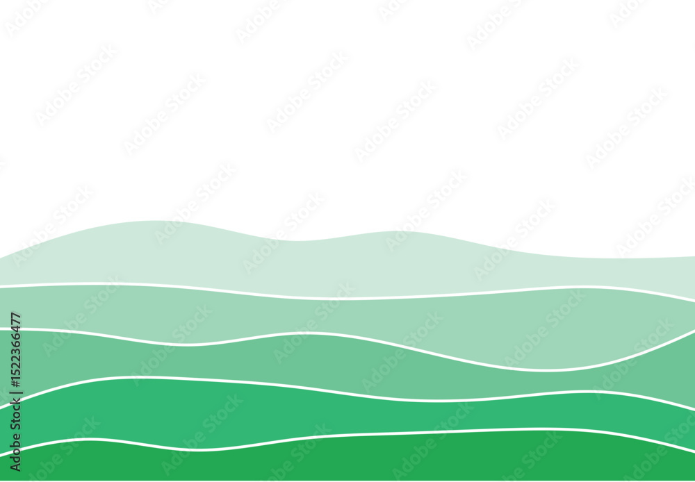Fototapeta premium Abstract landscape illustration featuring layered green waves with white lines on a light background, evoking a calm, natural scene.