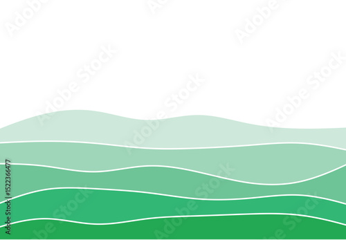 Abstract landscape illustration featuring layered green waves with white lines on a light background, evoking a calm, natural scene.