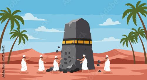 The image depicts a pilgrim performing the symbolic act of the Stoning of the Devil (Ramy al-Jamarat) during the Hajj pilgrimage.