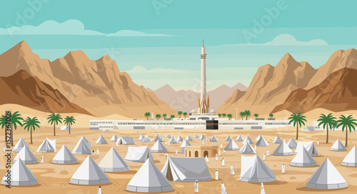 The image shows an artistic illustration of the Prophet's Mosque (Al-Masjid an-Nabawi) in Medina, Saudi Arabia. The mosque, with its iconic green dome, is surrounded by white tents and a mountainous b