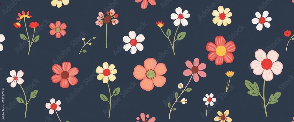 Fototapeta premium Hand-painted Scandinavian floral pattern Simple, cute, seamless repeat Ideal for kids' fabric, nursery decor, nursery, fabric