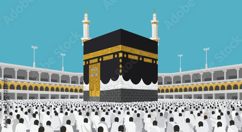 The black and gold cube-shaped structure stands amidst a crowd of pilgrims. It appears to be a simplified, artistic representation of a religious scene, likely intended to evoke the atmosphere of Hajj