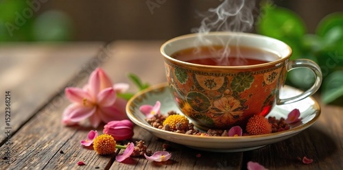 Close-up of a steaming cup of herbal tea, with scattered dried flowers and leaves Perfect for promoting relaxation and detoxification A calming and healthy beverage , holistic health, ginger