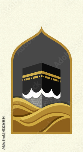 The image shows an artistic illustration of the Kaaba at sunset in Mecca, Saudi Arabia. In the foreground, a couple of pilgrims, dressed in simple white attire, are facing the Kaaba.