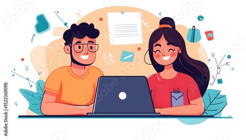 Two people working on a laptop together.