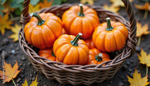 Wallpaper Mural Close-up of pumpkins in handwoven basket on damp soil with autumn leaves around, for seasonal concepts. Torontodigital.ca