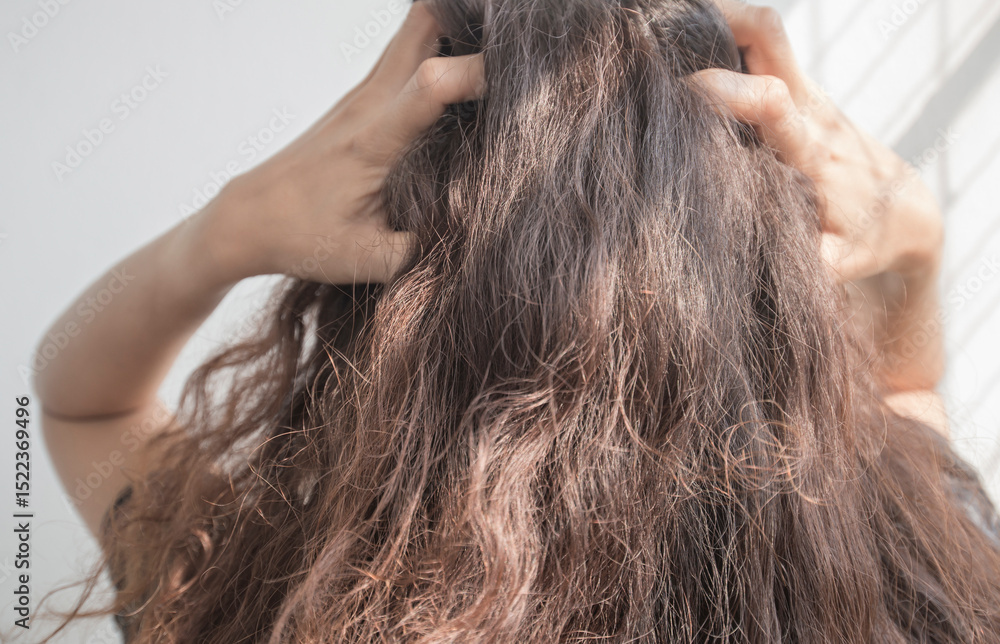 Fototapeta premium Close up of woman brushing her long brown hair in the morning.