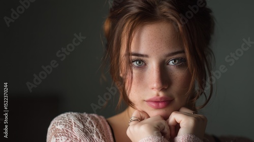 Produce a portrait that seamlessly melds demure allure, impeccable presentation, and candid authenticity. Emphasize the subjectâ€™s salient features with soft, languid lighting to evoke a temperate, c