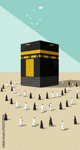 The image depicts an illustration of the Kaaba in the center of the Masjid al-Haram mosque in Mecca, Saudi Arabia.