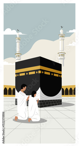 The image shows an artistic illustration of the Kaaba at sunset in Mecca, Saudi Arabia. In the foreground, a couple of pilgrims, dressed in simple white attire, are facing the Kaaba.