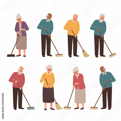 Seniors sweeping floor cleaning housework