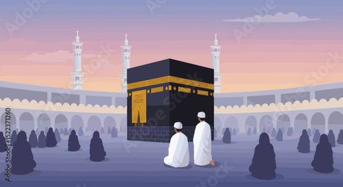 The image shows an artistic illustration of the Kaaba at sunset in Mecca, Saudi Arabia. In the foreground, a couple of pilgrims, dressed in simple white attire, are facing the Kaaba.