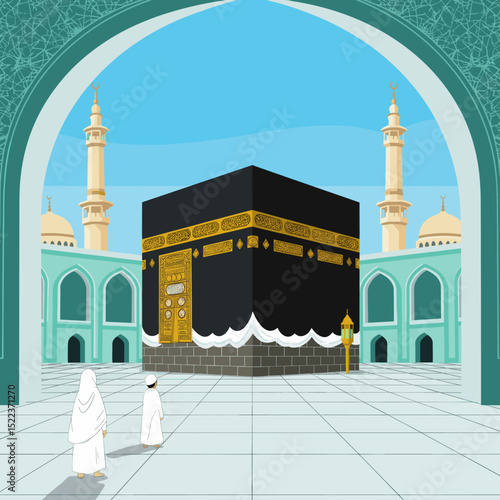 The image shows an artistic illustration of the Kaaba at sunset in Mecca, Saudi Arabia. In the foreground, a couple of pilgrims, dressed in simple white attire, are facing the Kaaba.