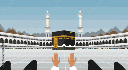 The black and gold cube-shaped structure stands amidst a crowd of pilgrims. It appears to be a simplified, artistic representation of a religious scene, likely intended to evoke the atmosphere of Hajj