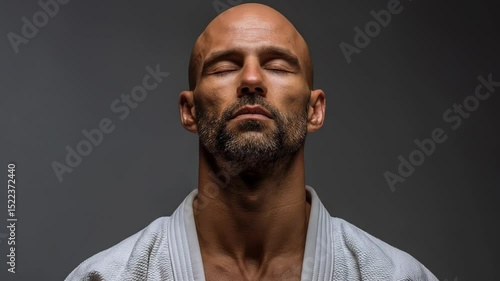 Close-up of a man in karate kimono with closed eyes, mentally preparing and focusing before a fight.

