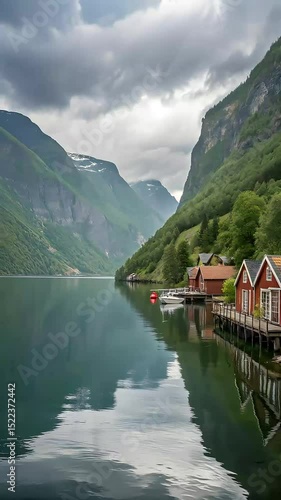 A stunning landscape reveals a serene lake dotted with traditional huts in Flam, Norway, as gentle ripples glide across the water and mist rolls in from the surrounding mountains, Dynamic Camera. 
