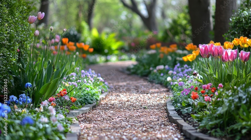 Naklejka premium Colorful Flower Pathway in Bright Spring Garden Scene