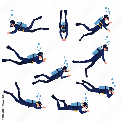 Divers swimming underwater with scuba diving equipment