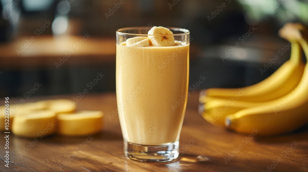 Creamy Banana Smoothie with Fresh Sliced Bananas in a Glass Creamy Banana Smoothie with Fresh Sliced Bananas in a Glass