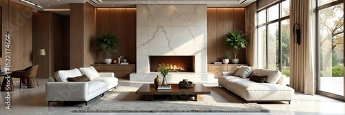 Luxurious living room featuring a stunning marble fireplace, elegant furniture, and large windows offering ample natural light The space exudes sophistication and tranquility , spacious, real estate