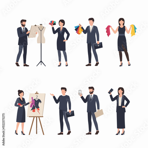 Fashion designers presenting ideas, clothing, and sketches