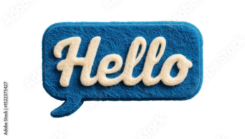 A blue speech bubble with the word hello written in white cursive on a white background clearly visible