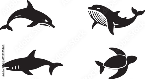 Marine Animal Silhouettes – Vector Set of Dolphin, Whale, Shark, and Sea Turtle
