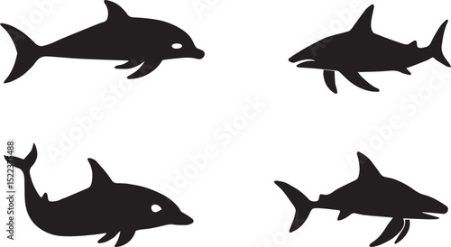 Silhouette Icons of Dolphins and Sharks in Black Isolated on White Background