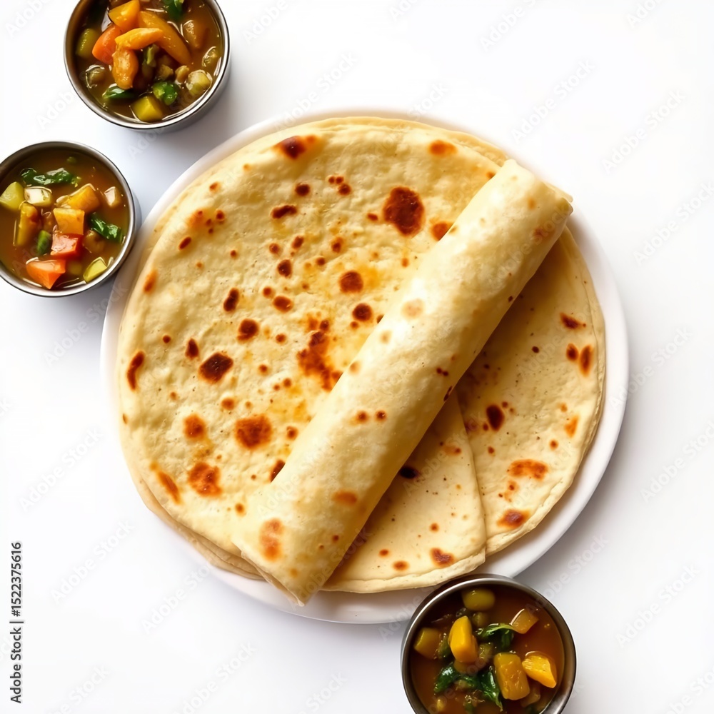 Traditional Bengali Flatbread with Mixed Vegetable Curry on White Background generated with AI. Traditional Bengali Flatbread with Mixed Vegetable Curry on White Background generated with AI.