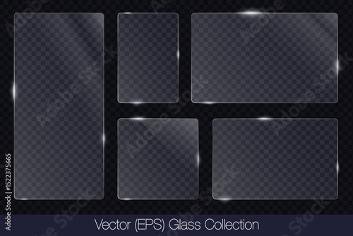 Realistic 3D glass transparent square and rectangle frame with glare, flat glass or plastic plate, flat transparent glass lens, realistic screen glass, window mockup, vector illustration