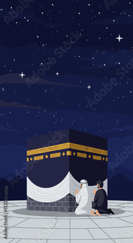 The image shows an artistic illustration of the Kaaba at sunset in Mecca, Saudi Arabia. In the foreground, a couple of pilgrims, dressed in simple white attire, are facing the Kaaba.